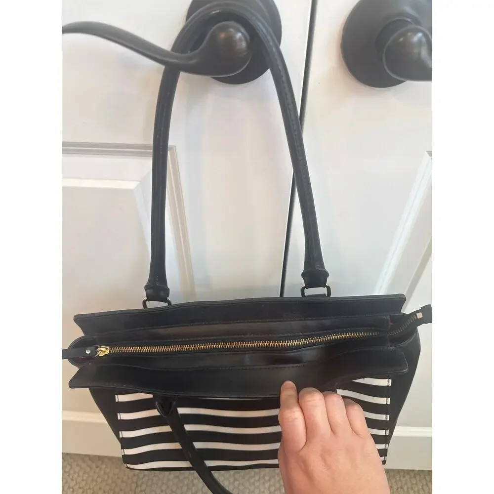 Kate Spade Black Leather with Black and White Striped Shoulder Tote Bag